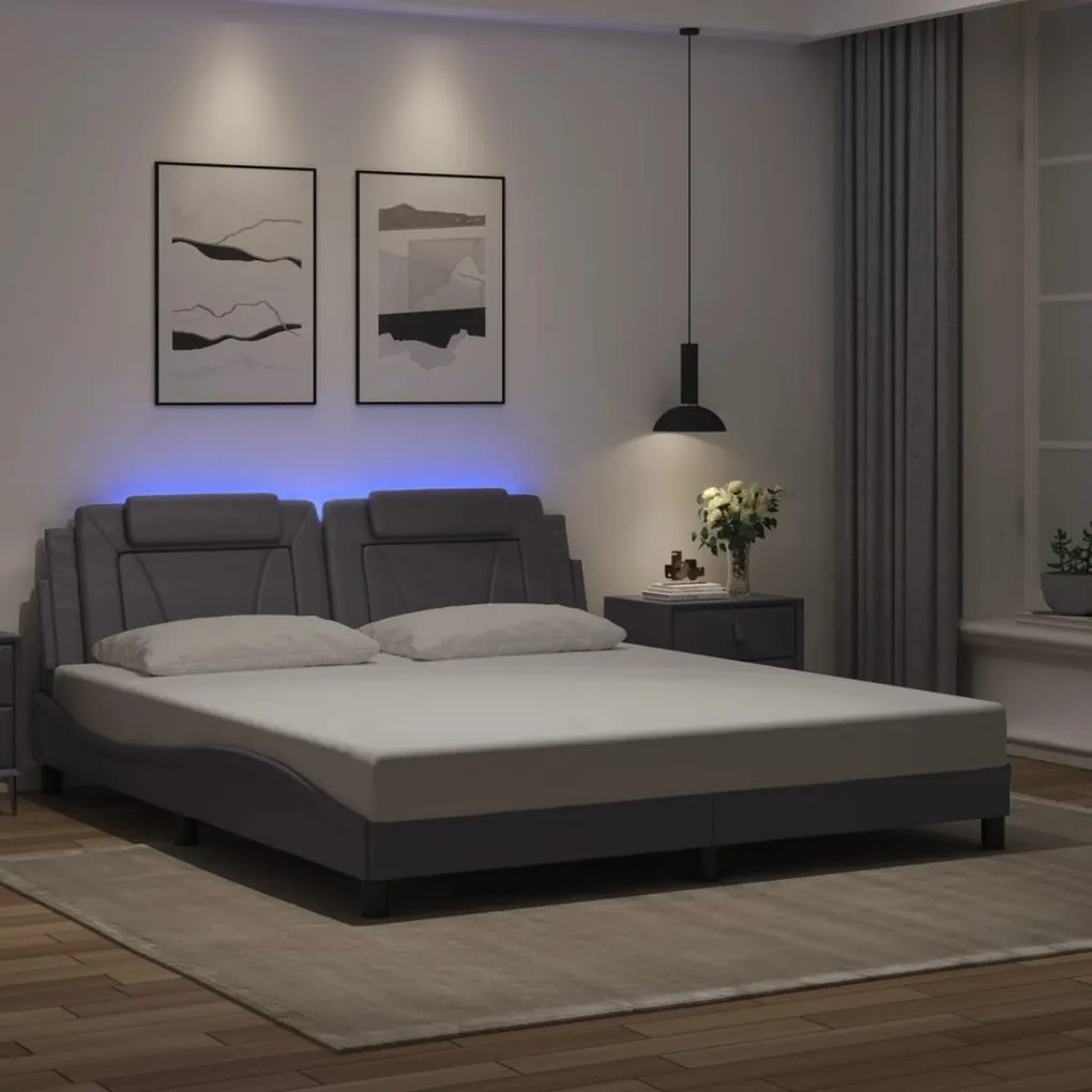 Estrutura de cama c/ luzes LED 180x200cm couro artificial cinza