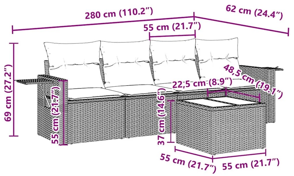 5 pcs conj. sofás jardim c/ almofadões vime PE cinzento-claro