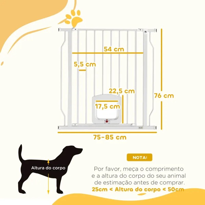 Barreira de Segurança Extensível para Cães 75-85 cm para Portas e Escadas com Portinhola Pequena Montagem por Pressão Duplo Bloqueio Branco