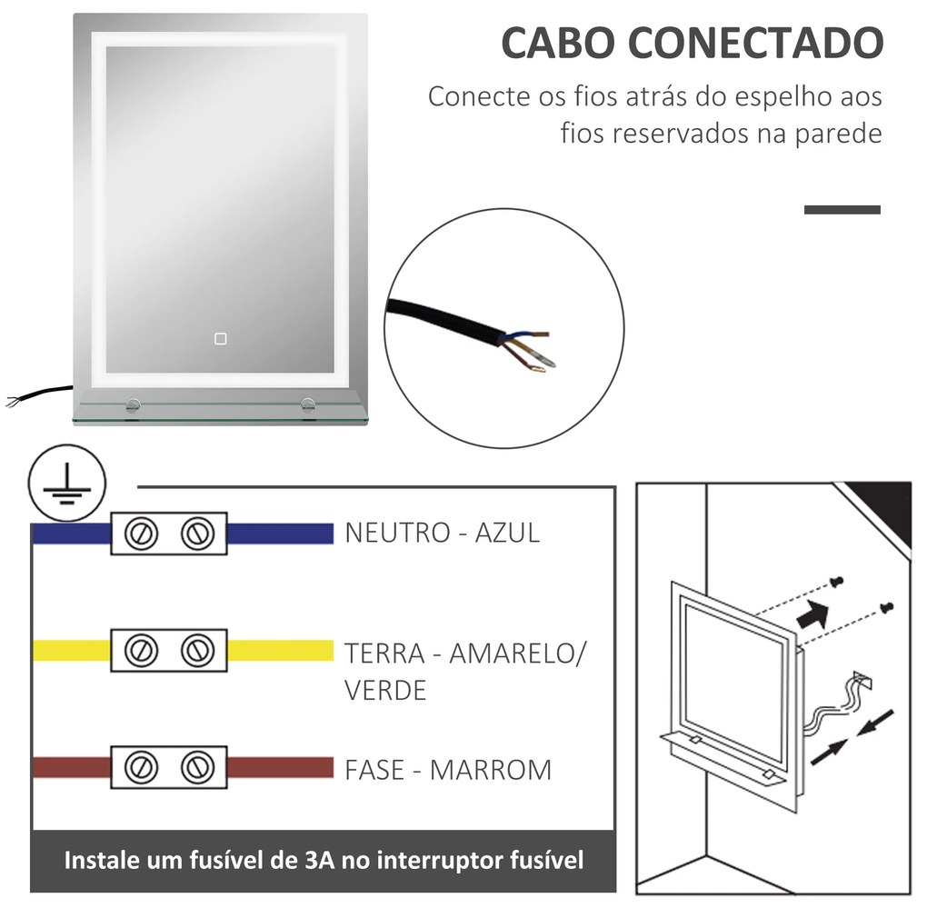 Espelho para Casa de Banho 50x70 cm com Moldura de Alumínio, Luzes LED Interruptor Tátil e Prateleira de Vidro para Casa de Banho Prata