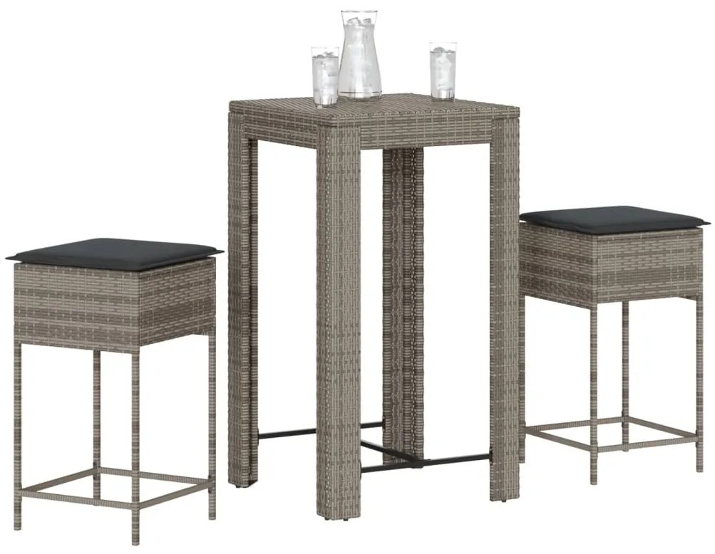 3 pcs conjunto de bar p/ jardim c/ almofadões vime PE cinzento
