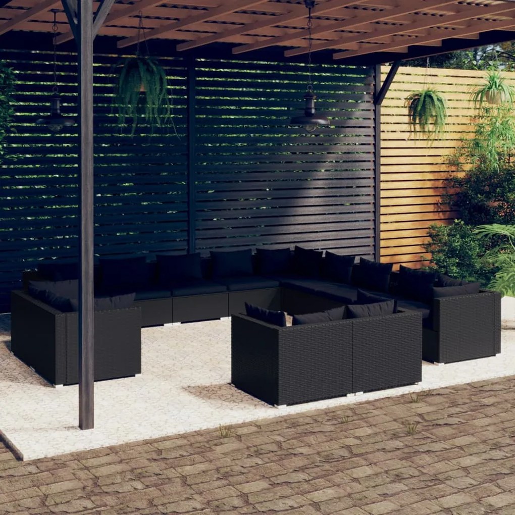 vidaXL 13 pcs conjunto lounge de jardim c/ almofadões vime PE preto