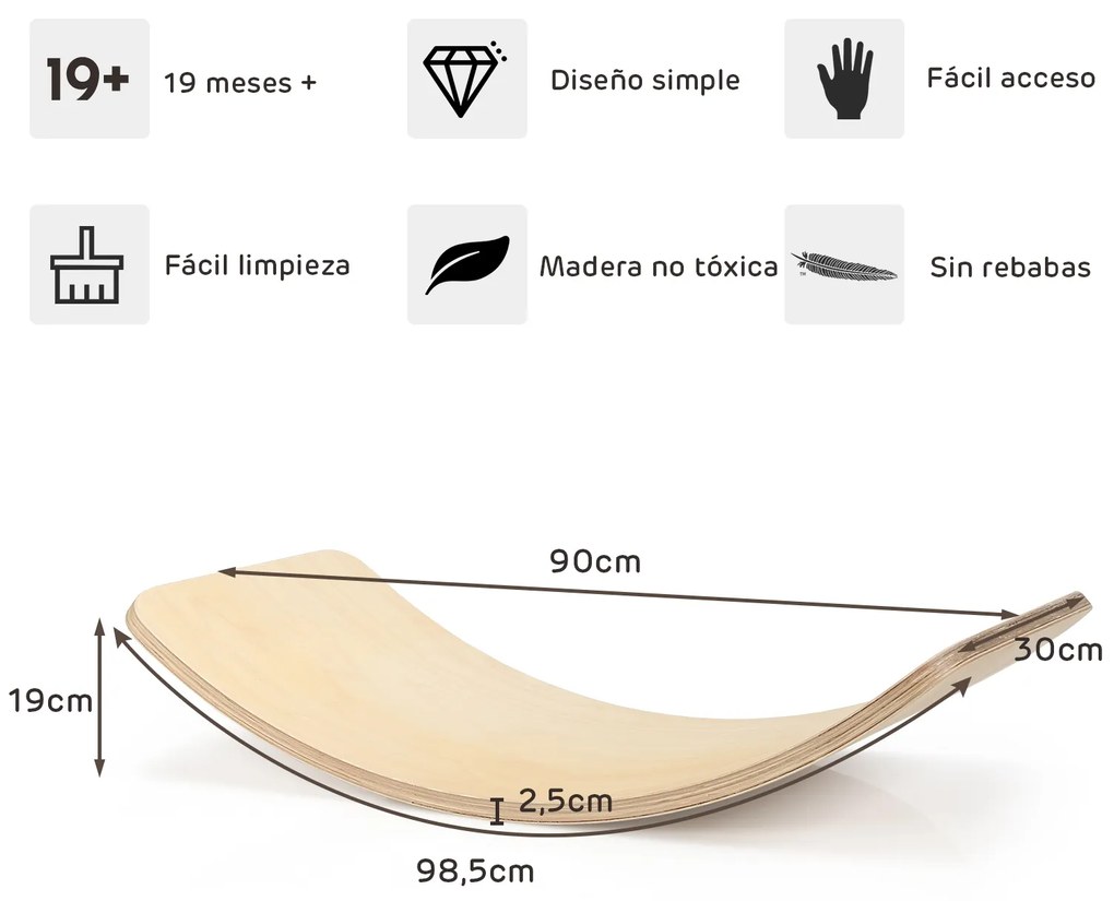 Tábua de equilíbrio de madeira Tábua curva para treino de ioga e terapias em casa e nas aulas 90 x 30 x 19 cm Natural