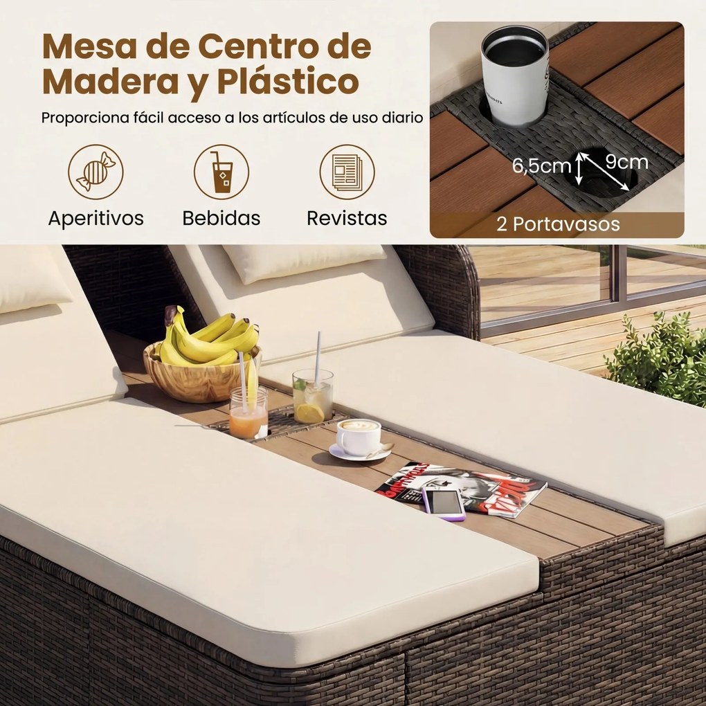 Cama de rattan jardim dupla com toldo retrátil 203 x 159 x 141 cm, encostos ajustáveis e mesa central com porta-copos para jardim, piscina e terraço c