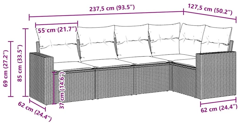 5 pcs conjunto sofás p/ jardim c/ almofadões vime PE castanho