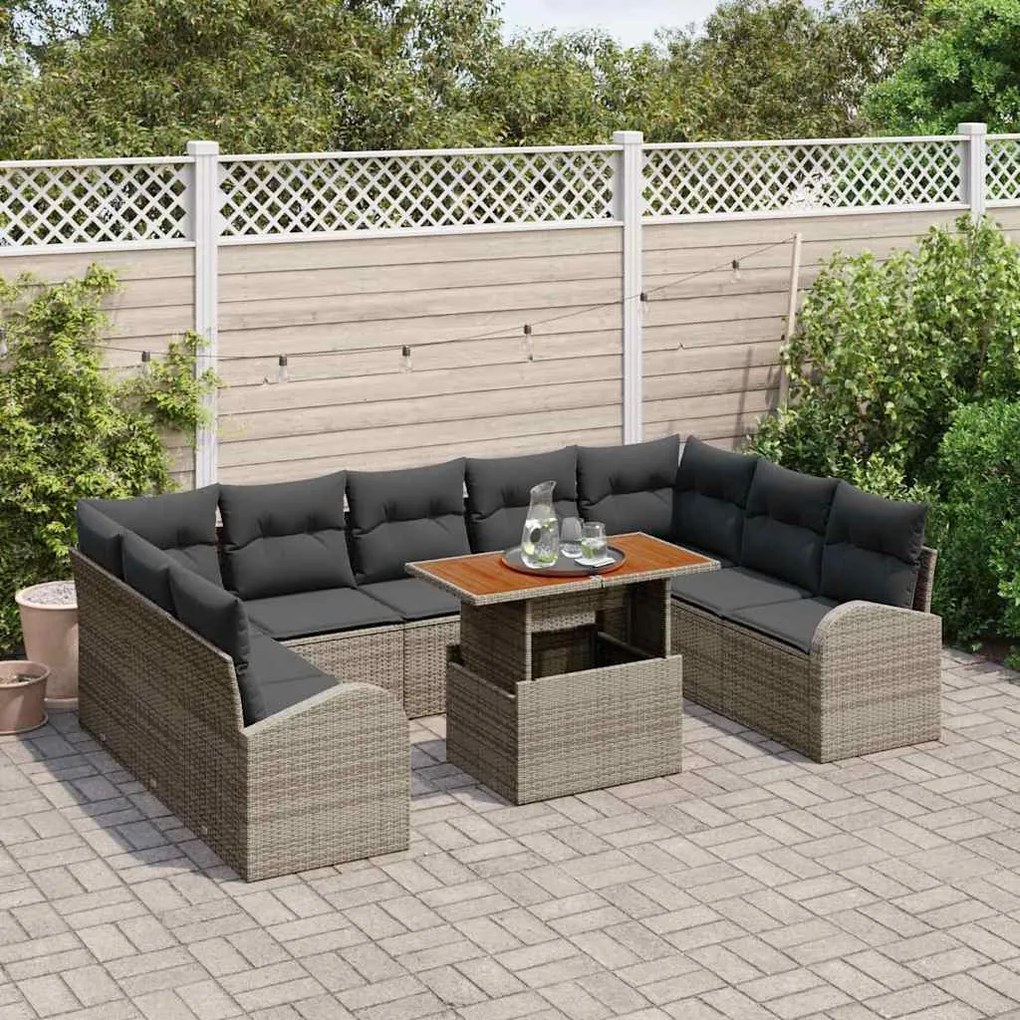 Conjunto de Jantar de Jardim com 10 Peças e Almofadas Cinza em Rattan