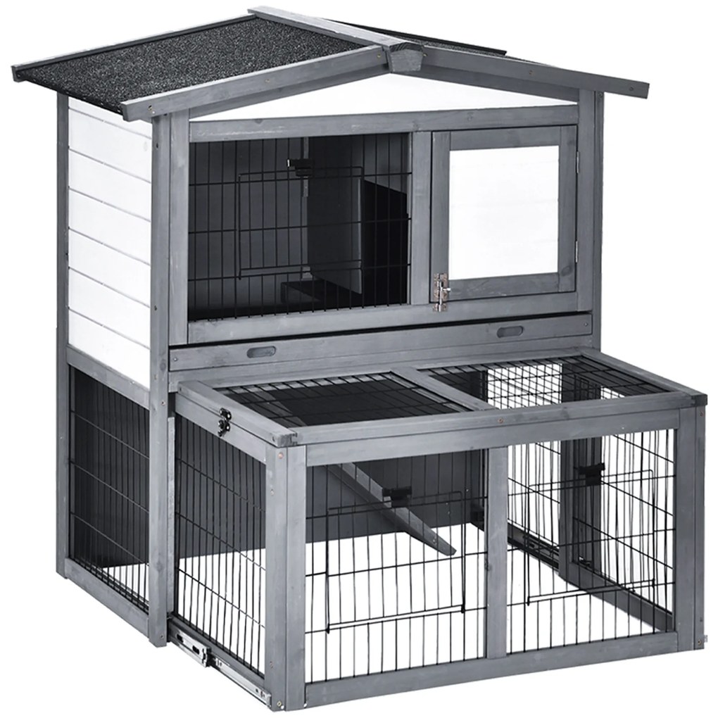 PawHut Coelheira de Exterior de Madeira de 2 Níveis Gaiola para Coelhos e Animais Pequenos com Teto Asfástico Zona Aberta Bandeja Removível e Rampa 101,5x90x100cm Cinza