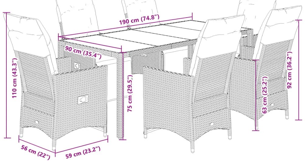 7 pcs conjunto de jantar p/ jardim c/ almofadões vime PE preto
