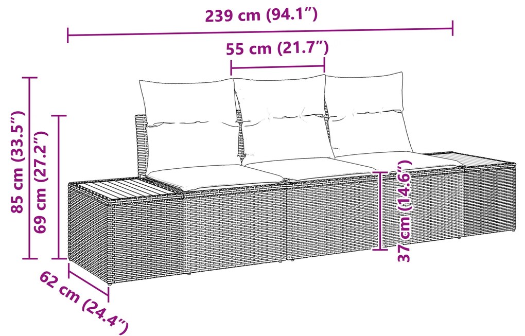 Conjunto de Sofá de Jardim vidaXL de 3 Peças com Almofadas Bege Rattan