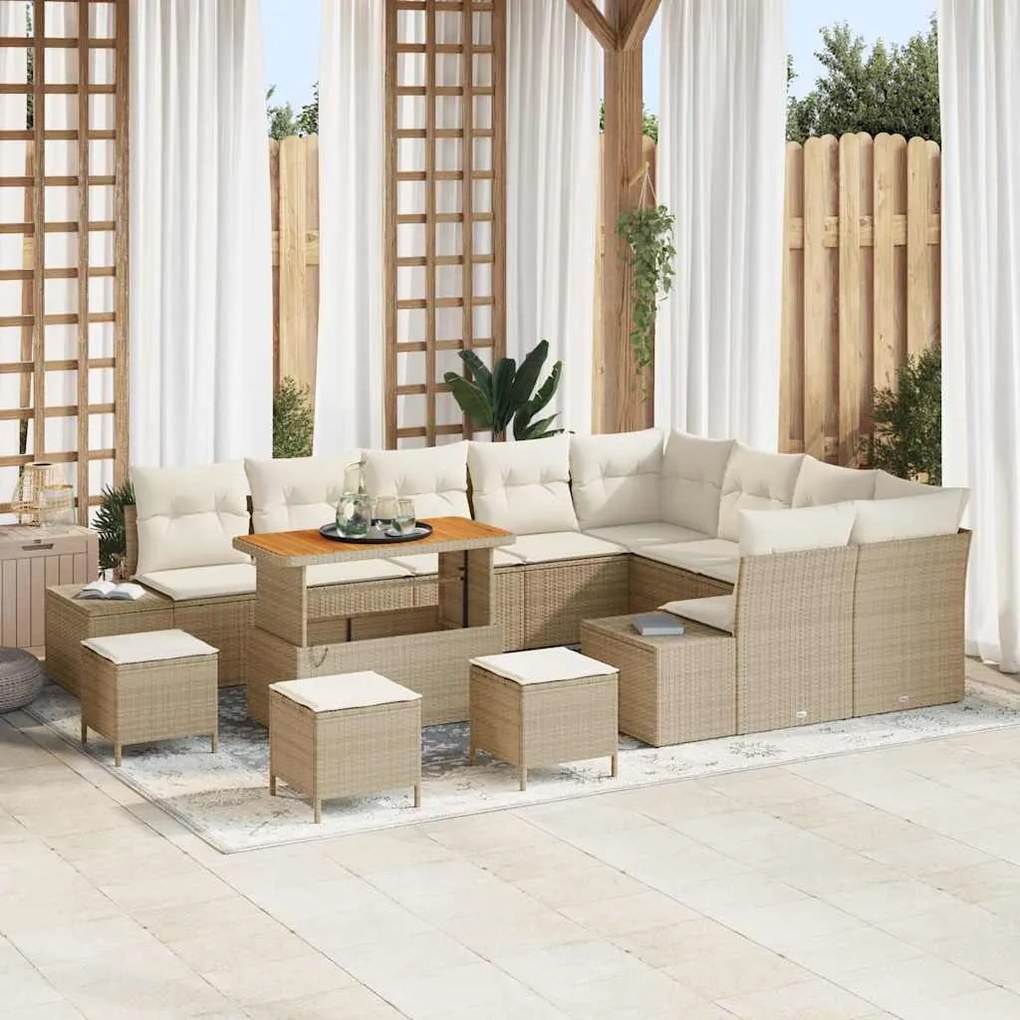 vidaXL Conjunto de Sofá de Jardim com 13 Peças e Almofadas em Bege, Rattan Sintético e Acácia.