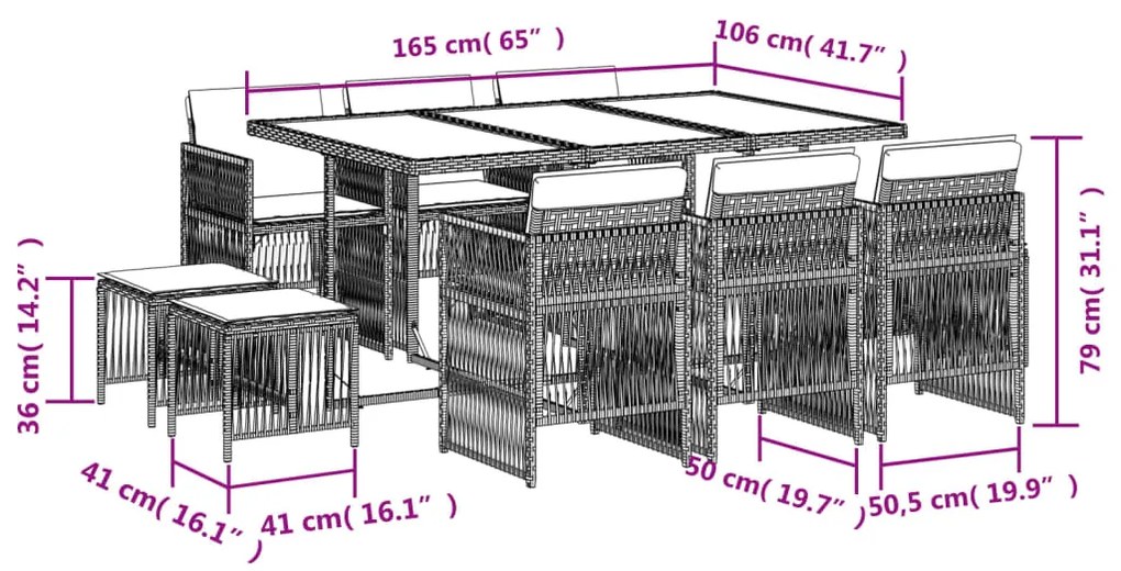 11 pcs conjunto jantar p/ jardim c/ almofadões vime PE cinzento
