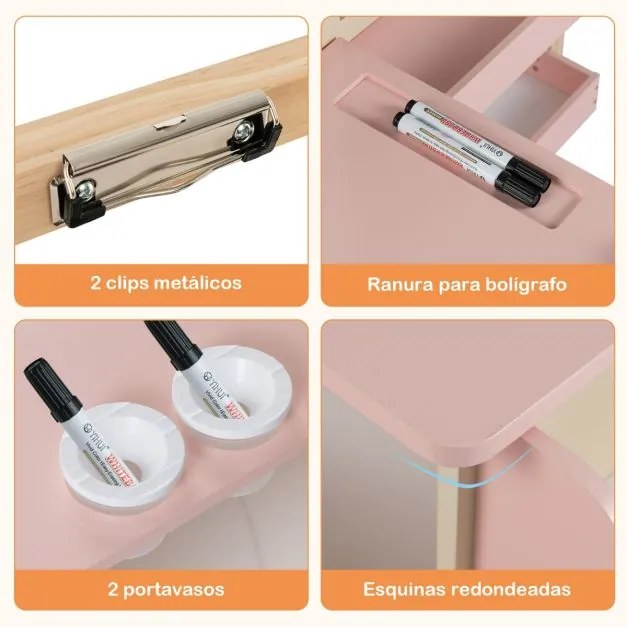Conjunto de mesa e banco de arte para crianças com cavalete ajustável de dupla face, quadro magnético e rolo de papel Rosa