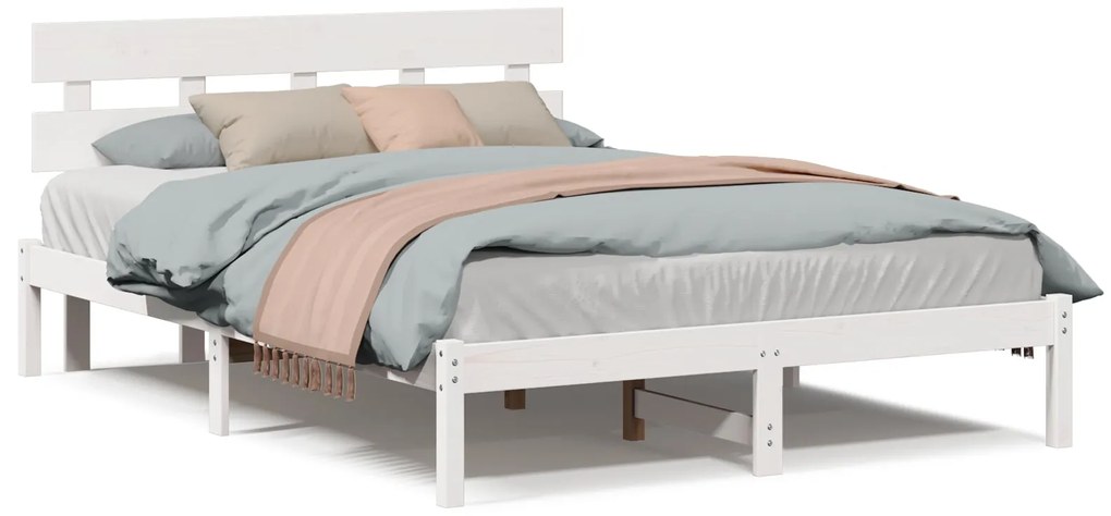 Estrado de Cama com Cabeceira Branca 140x200 cm Madeira Maciça de Pinh