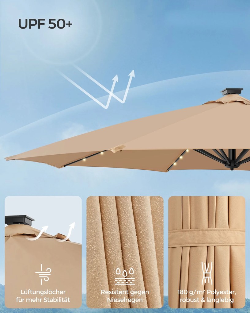 Guarda-sol jardim Ø 300 cm com luzes LED solares UPF 50+ rotativo 360º com base cruzada (SEM PESOS) Castanho Camelo
