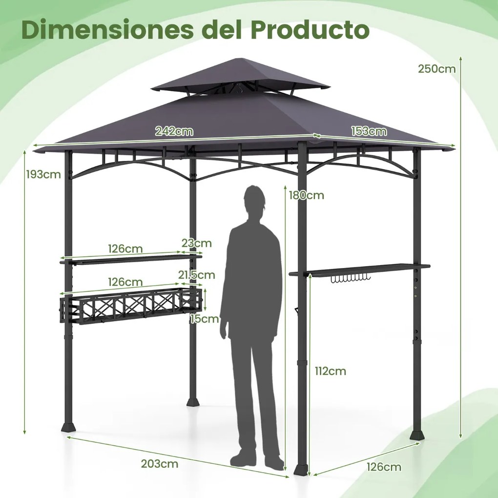 Pergula tenda para churrascos 242 x 153 cm com 2 prateleiras laterais, cesto, ganchos, abridor de garrafas, estrutura de metal para jardim ou pátio Ci