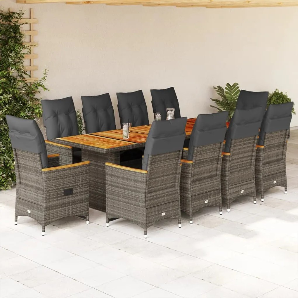 vidaXL 11 pcs conjunto bistrô de jardim c/ almofadões vime PE cinzento
