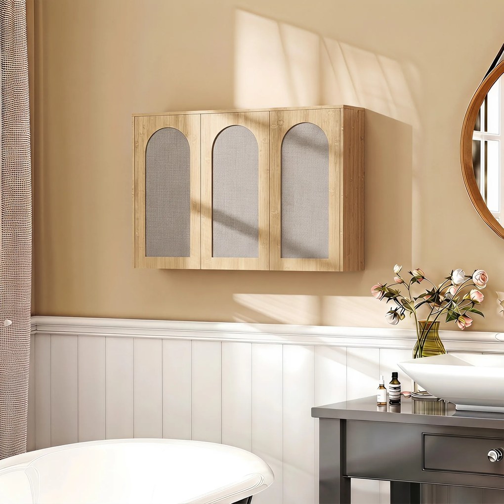Armário de parede para casa de banho de estilo boémio 88,5 (L) x 30 (P) x 60 (A) cm com 3 portas com efeito de vime e fecho suave e prateleira ajustáv