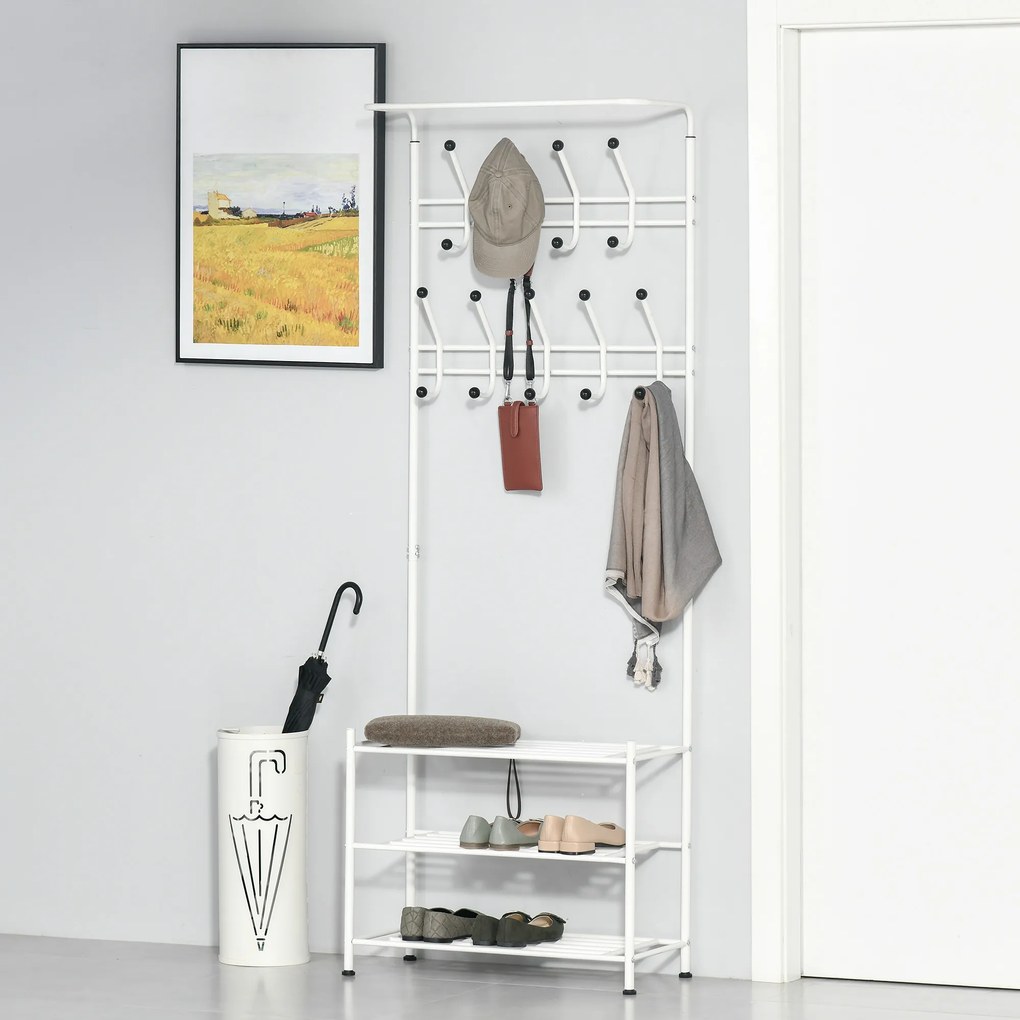 HOMCOM Móvel Cabide de Entrada com 18 Ganchos e Sapateira Armário de Entrada com Cabide com 3 Prateleiras 67x30x185cm Branco