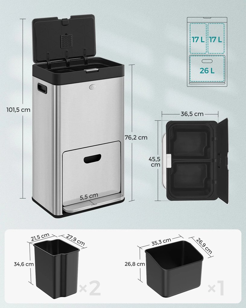 Caixote do lixo de cozinha com pedal e 3 compartimentos 45,7 x 30 x 76 cm prateado