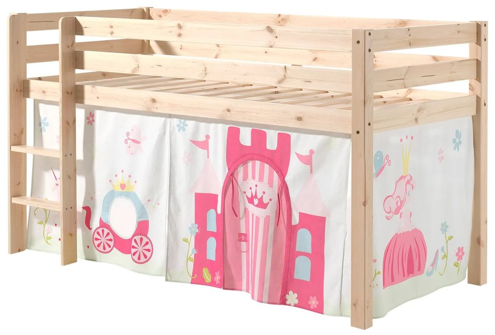 Conjunto Cama alta de Criança PINO 90 x 200 cm + estrado + escada + cortina Princesa Natural