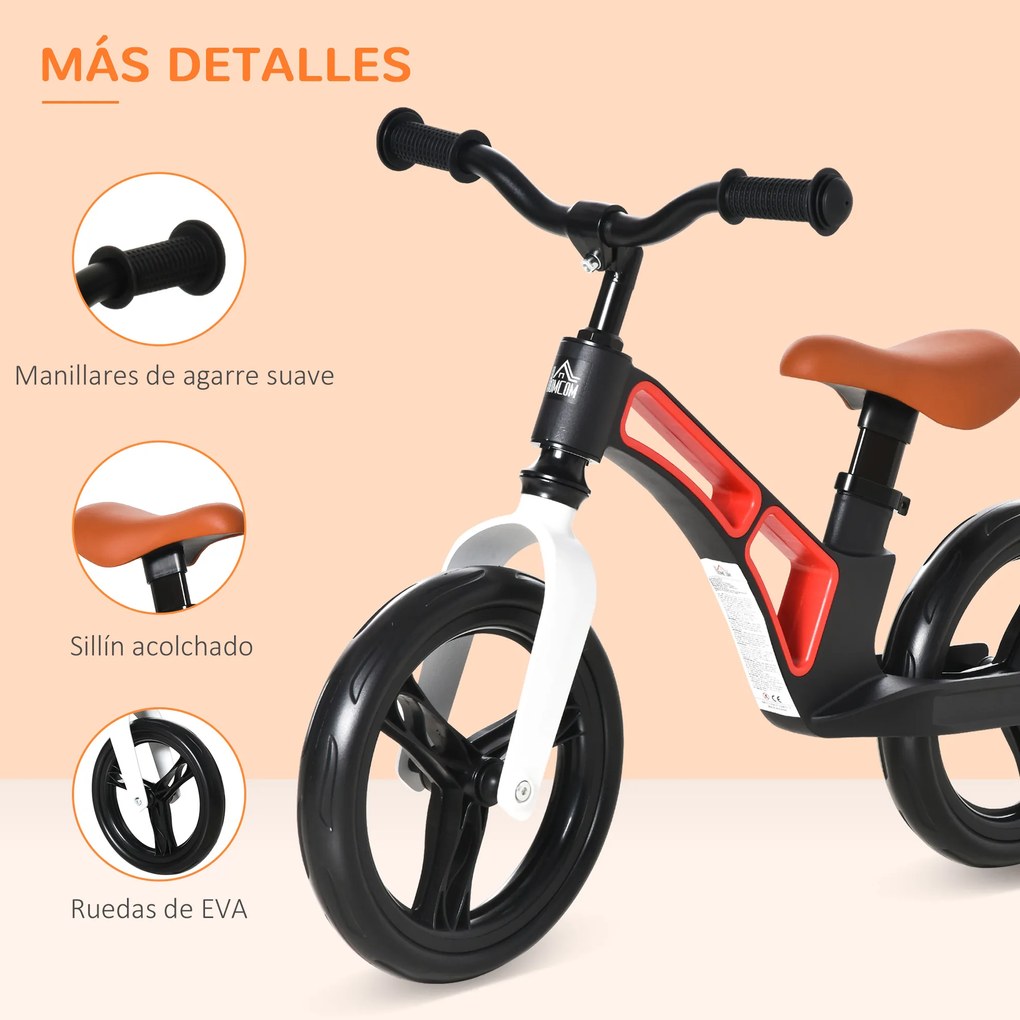 HOMCOM Bicicleta sem Pedais para Crianças de 2 a 5 anos Bicicleta de Equilibrio Infantil com Assento e Guidão Ajustáveis Rodas de Borracha 86x41x49-56cm Preto