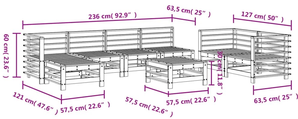8 pcs conjunto lounge de jardim madeira de pinho impregnada