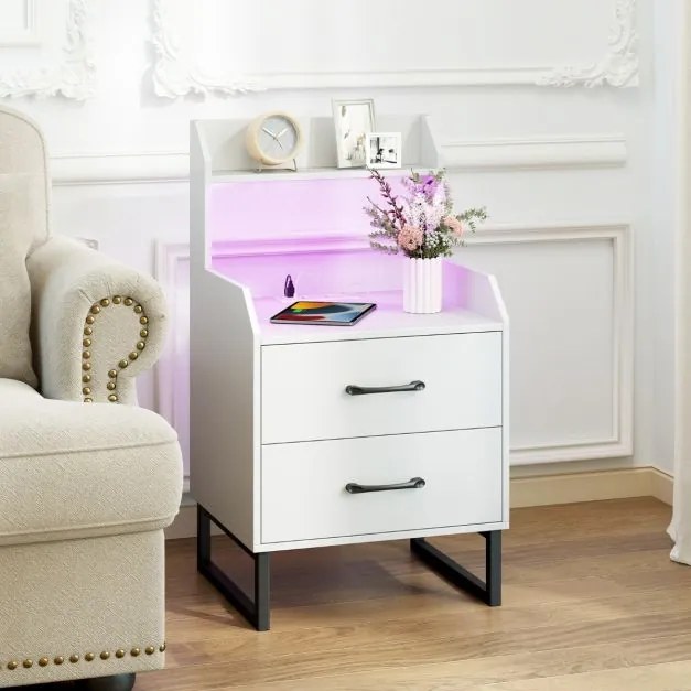 Mesa de cabeceira com estação de carregamento integrada, luzes LED, 2 gavetas e prateleira aberta para quarto, corredor ou sala, branca