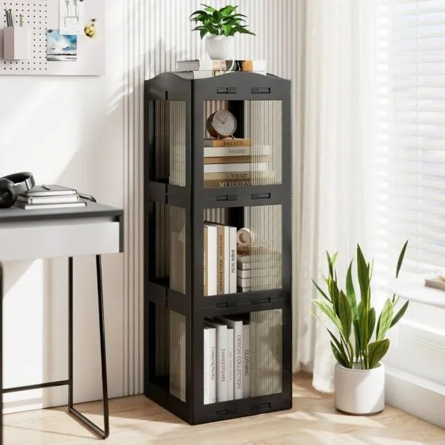 Estante com base giratória giratória 360° com 3 níveis em Plástico dobrável 36,5 x 36 x 108 cm com prateleiras Preta