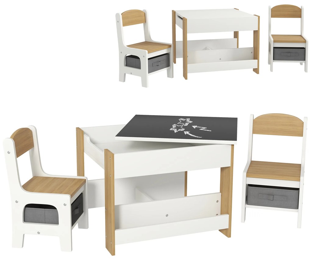 Conjunto de Mesa e 2 Cadeiras Infantis 2 em 1 com Ardósia Gavetas de Tecido e Espaço de Armazenamento para Quarto Cinza, branco e madeira