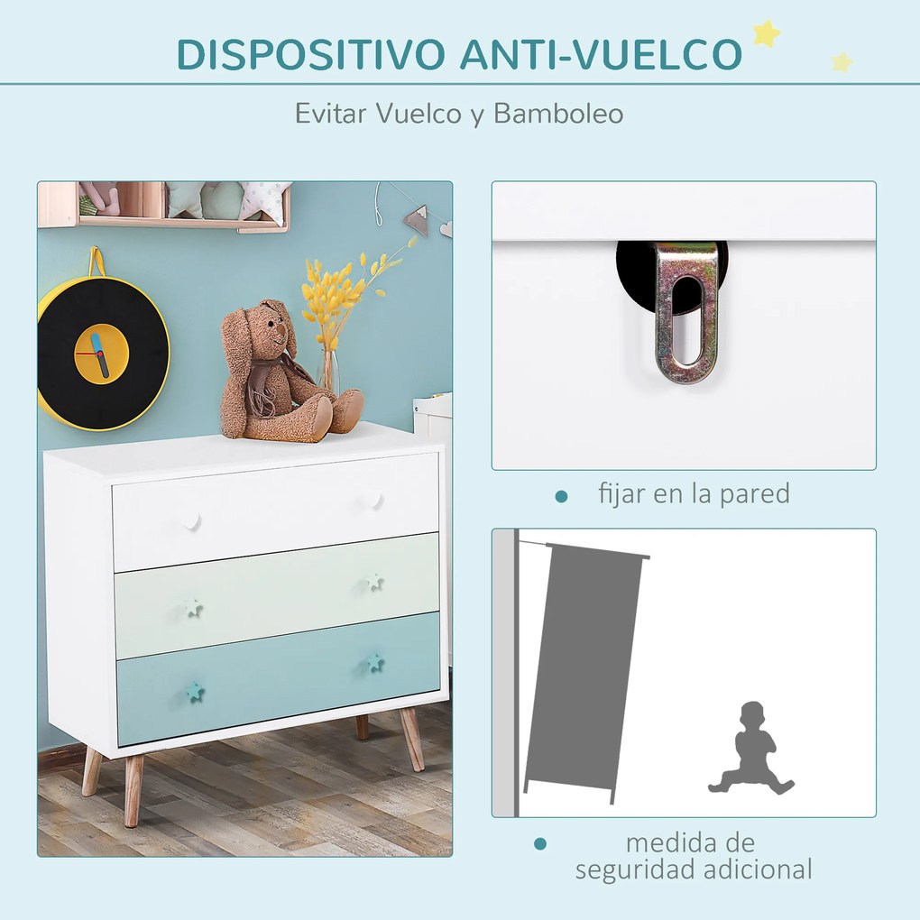 HOMCOM Cômoda Infantil com 3 Gavetas Ármario com Pernas de Madeira para Roupas ou Brinquedos de Pinho e MDF Cor Azul 90x42x80 cm