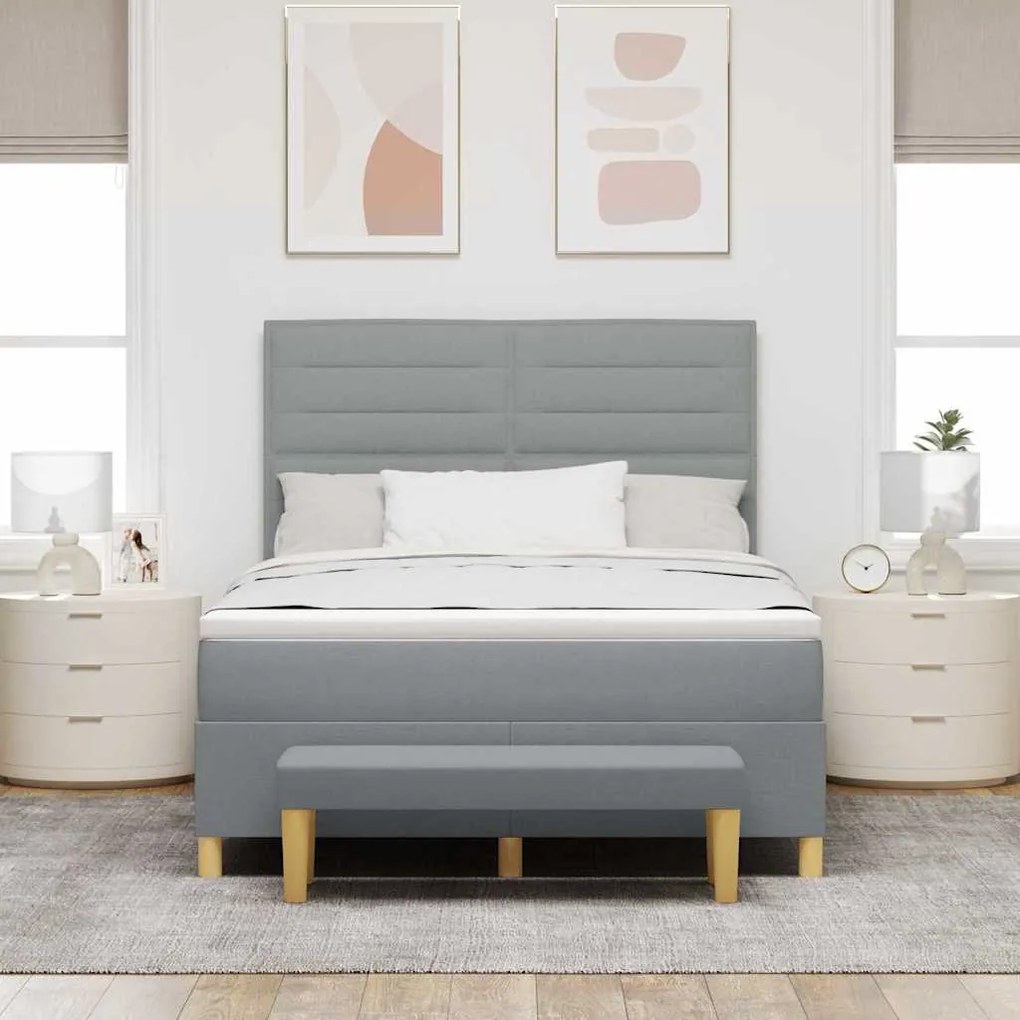 Cama Box com Colchão &amp; Banco Cinza Claro 140x200 cm Tecido