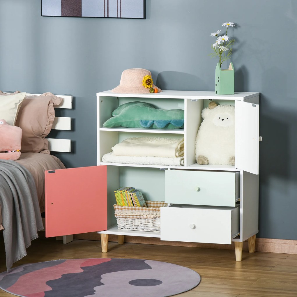 HOMCOM Móvel Infantil Cómoda para Crianças com 2 Compartimentos 2 Gavetas e 2 Armários para Armazenamento de Livros Brinquedos Roupa 80x30x85cm Coral Verde Menta Branco