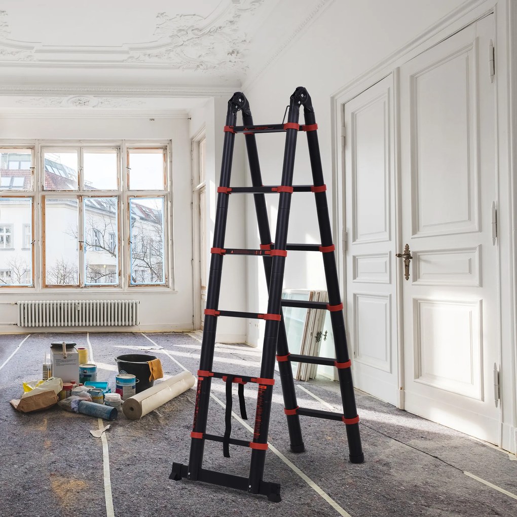 HOMCOM Escada telescópica multifuncional de alumínio de 3,8M 2 formas Estrutura de escalada portátil interna Externa Doméstica, preta