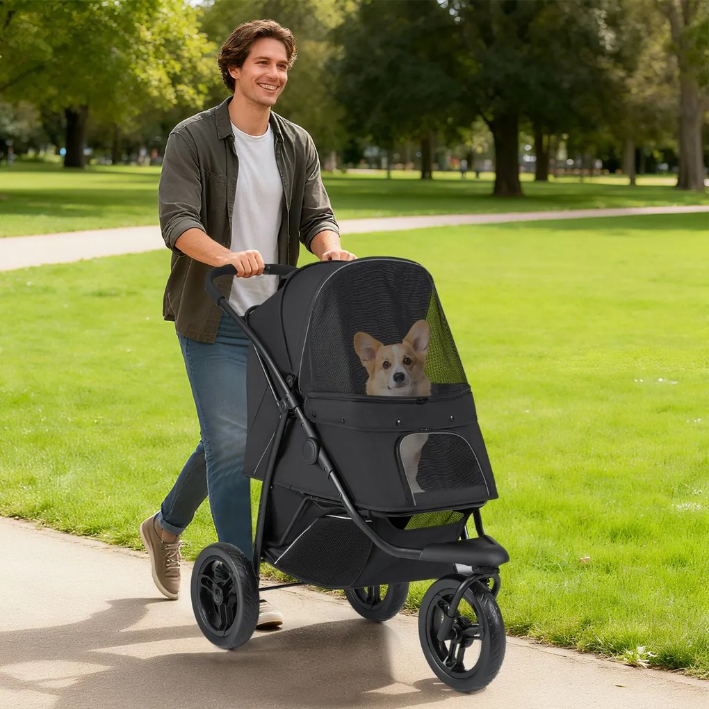 Carrinho de 3 rodas para cães pequenos e médios dobrável para animais de estimação com rodas todo-o-terreno Travão Capota ajustável Preto