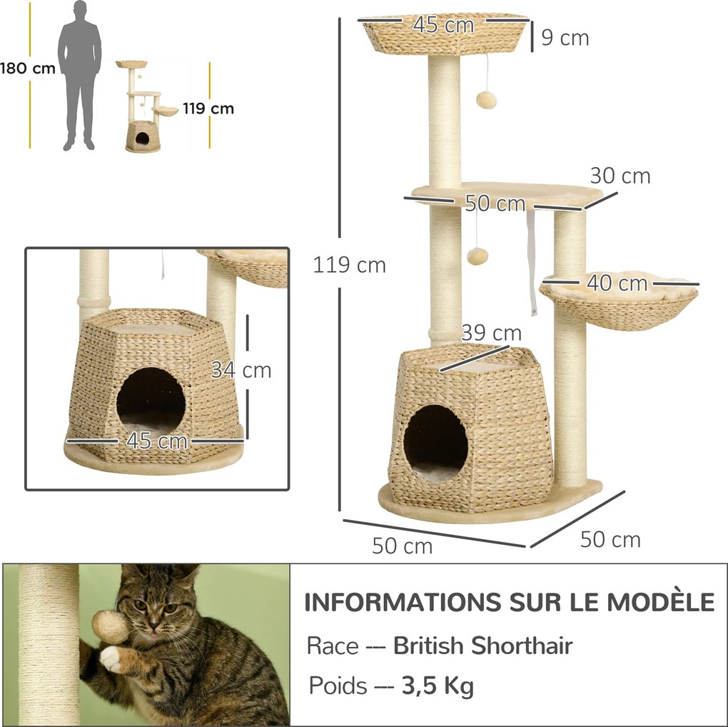 Arranhador para gatos, para trepar, arranhador para gatos, altura 119 cm, colunas reforçadas com nicho, rede e 2 bolas suspensas