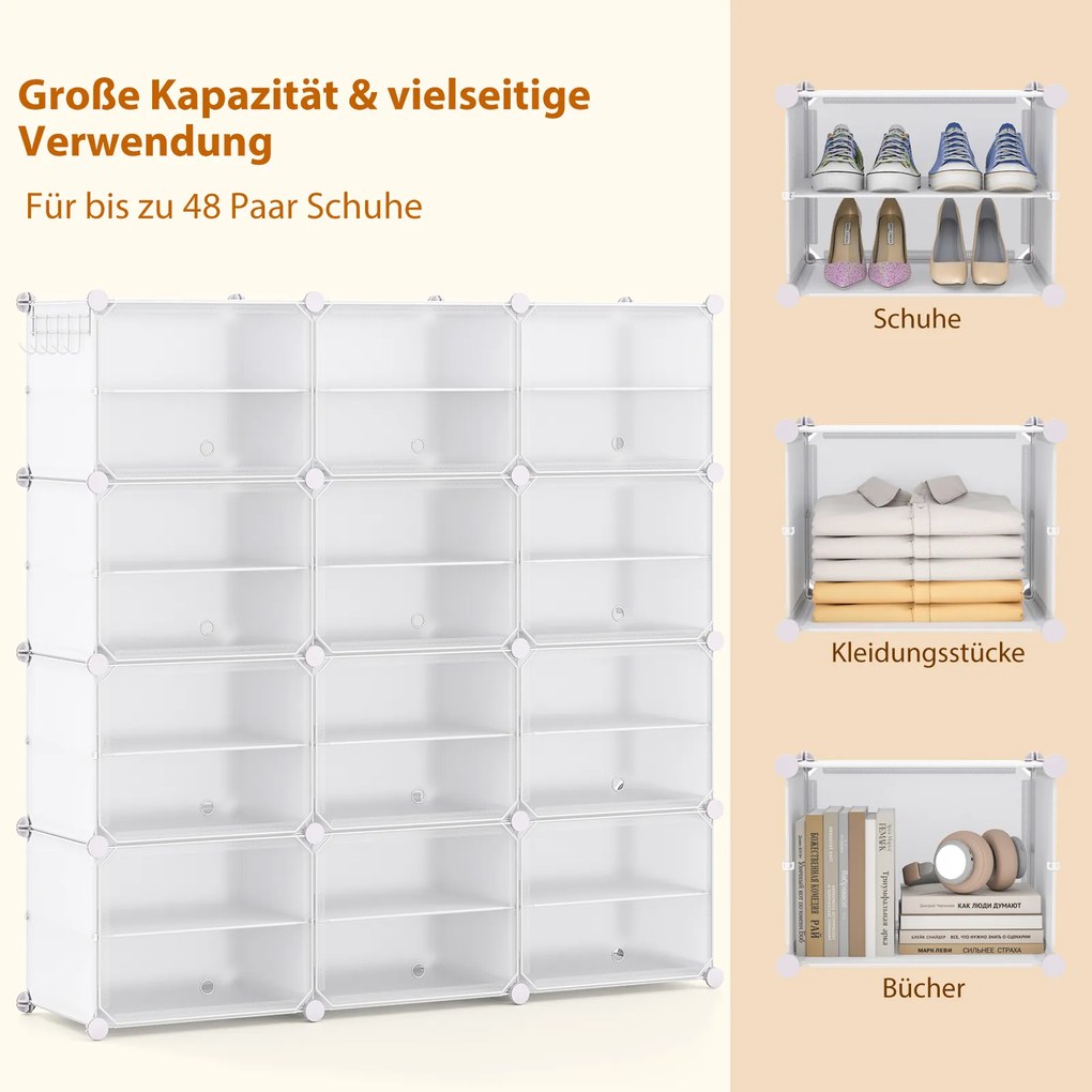 Sapateira DIY 124 x 32 x 125 cm com 12 compartimentos para 48 pares de sapatos e botas, armário organizador de sapatos de plástico, branco