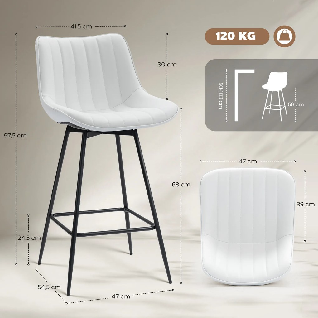 Conjunto de 2 Bancos de Bar Giratórios com Encosto Curvado e Apoio para os Pés Estofados em PU 47x54,5x97,5 cm Branco