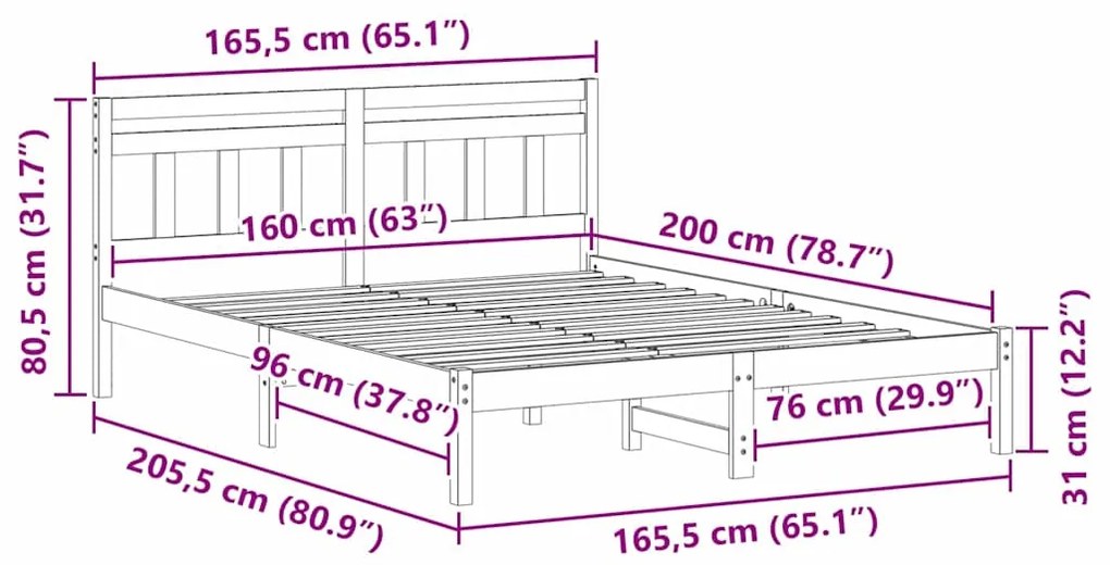 Estrutura da Cama Castanho 160 x 200 cm Madeira de pinho maciça