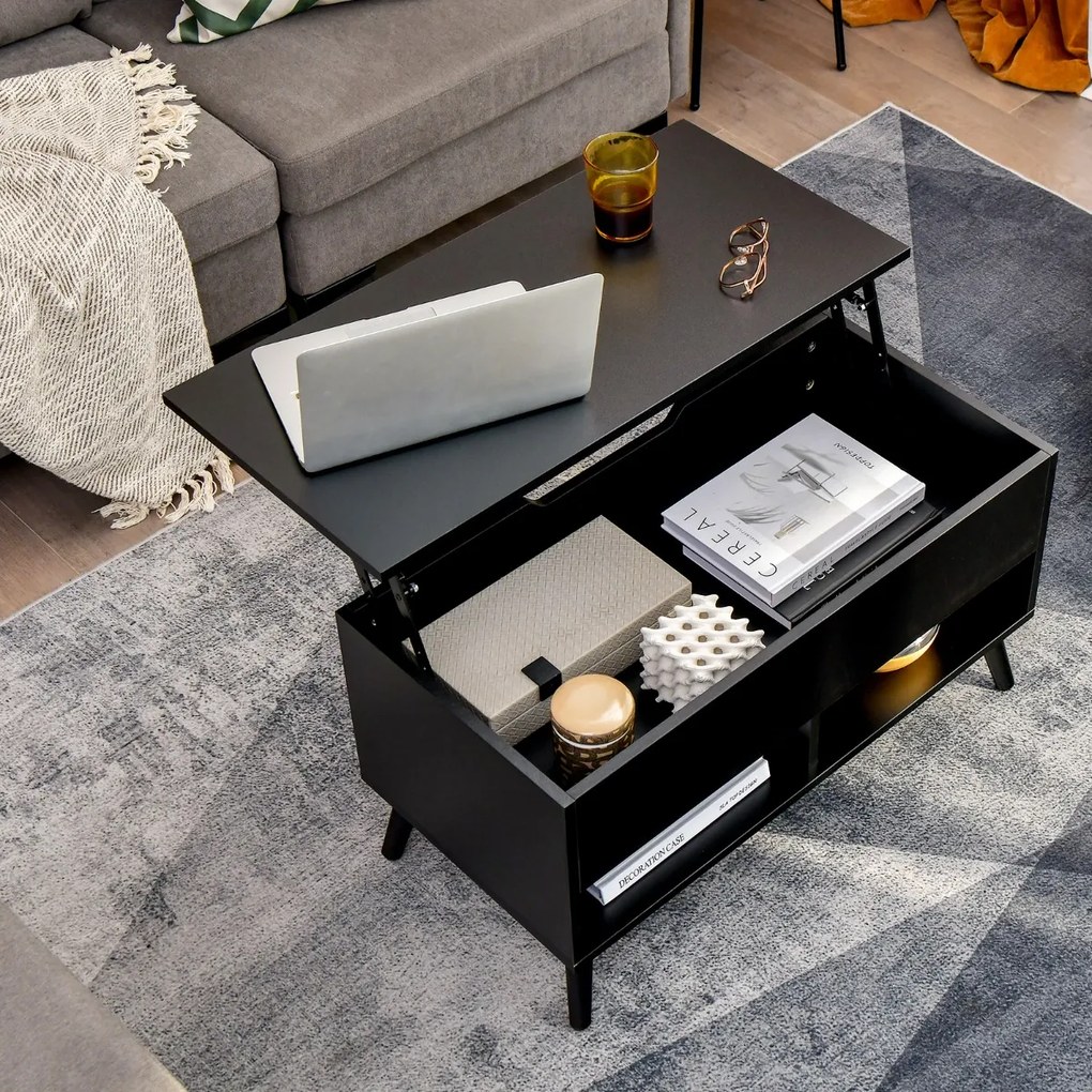 Mesa de centro com tampo elevável 80 x 40 x 46 cm, compartimento oculto e 2 prateleiras para sala de estar Preta