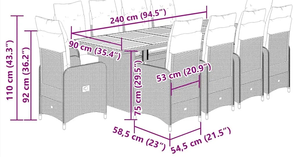 11 pcs conjunto de bistrô p/ jardim c/ almofadões vime PE preto
