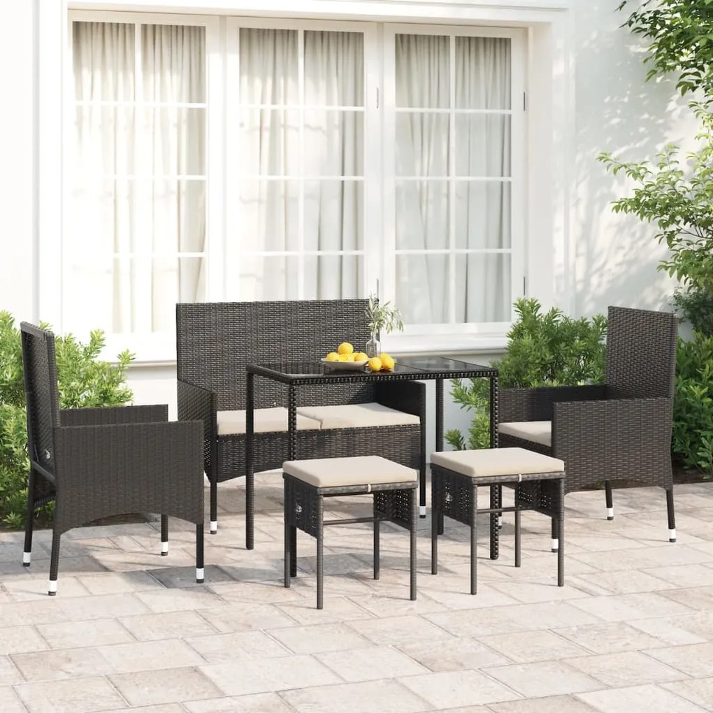vidaXL 6 pcs conjunto lounge de jardim c/ almofadões vime PE preto