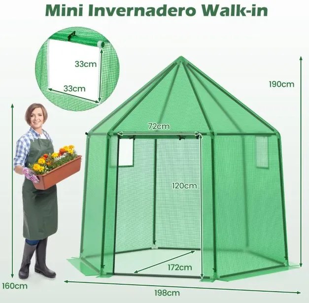 Mini Estufa Portátil 198 x 172 x 190 cm com Cobertura de PE com Revestimento de PE Antioxidante Porta Enrolável com fecho Verde