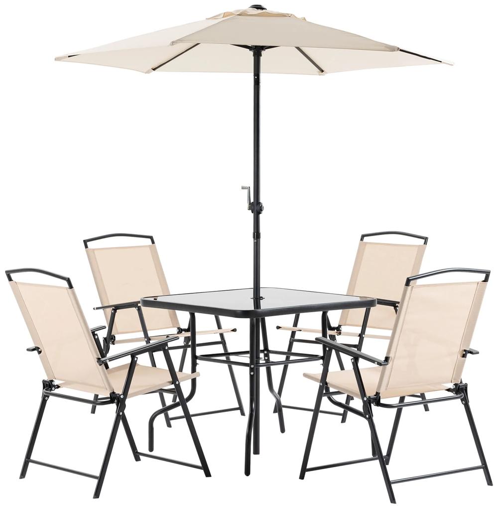 Outsunny Conjunto de Jardim Refeição com 4 Cadeiras Dobráveis Mesa e Chapéu de Sol Inclinável  80x80x70cm Bege | Aosom Portugal