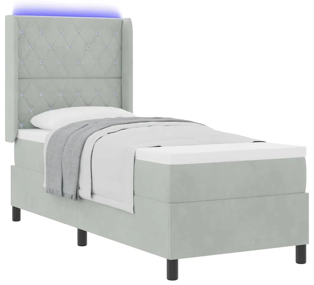 Cama Box vidaXL com Colchão &amp; Luz LED Cinza Claro 80x200 cm Veludo