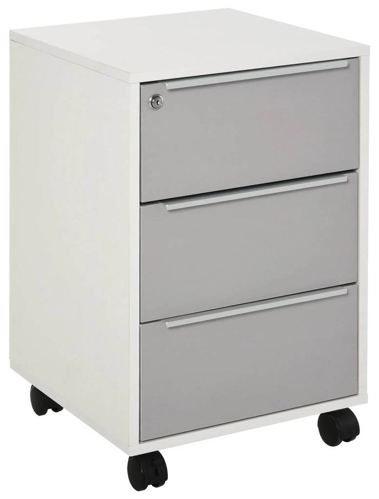 Bloco de Gavetas Móvel de Escritório com 3 Gavetas Fechadura Rodas e Travão para Documentos 40x40x63,5 cm Branco e Cinza