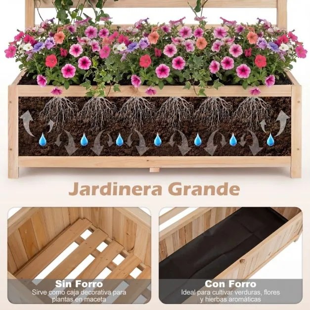 Floreira jardim de madeira com treliça vertical 90 x 34 x 150 cm, forro e drenagem para plantas trepadeiras Natural