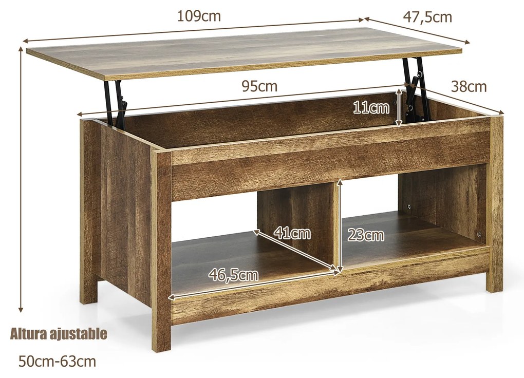 Mesa de centro multifuncional com tampo de mesa extraível com compartimentos ocultos e prateleiras divididas 109 x 47,5 x 50 cm