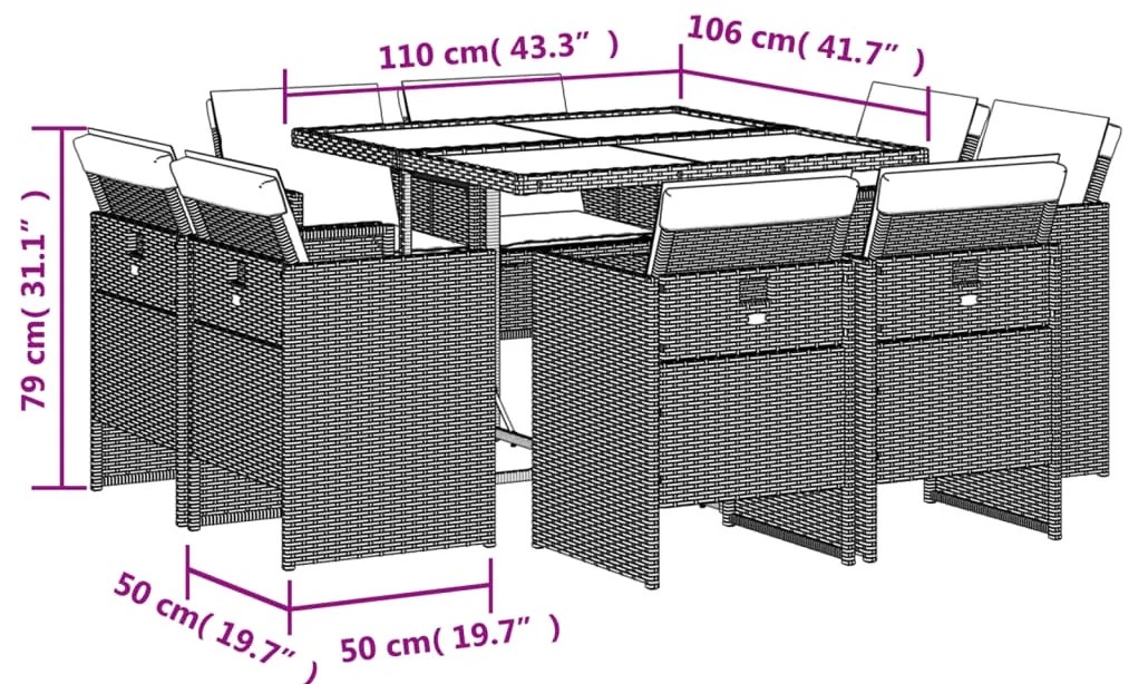 9 pcs conjunto de jantar p/ jardim c/ almofadões vime PE cinza
