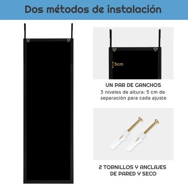 Espelho de corpo inteiro de parede com ganchos para porta Quarto Quarto Sala Vestiário 120 x 37 cm Preto