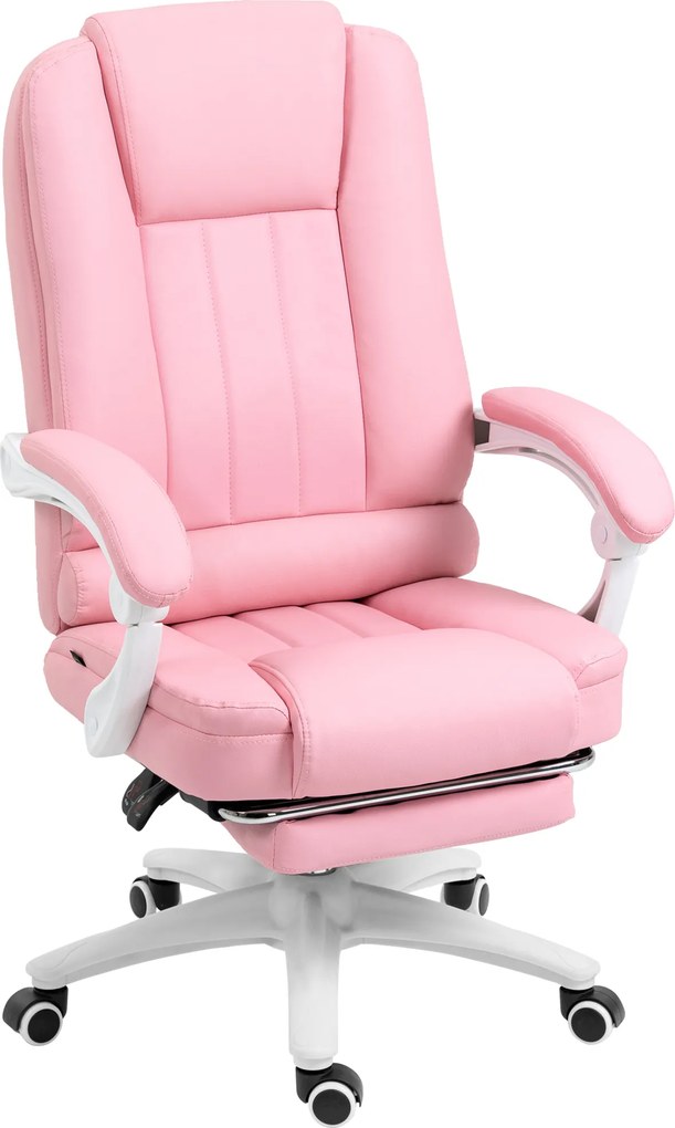 Vinsetto Cadeira de escritório com apoio para os pés, encosto reclinável ajustável, regulável em altura, 5 rodízios, Rosa + Branco | Aosom Portugal